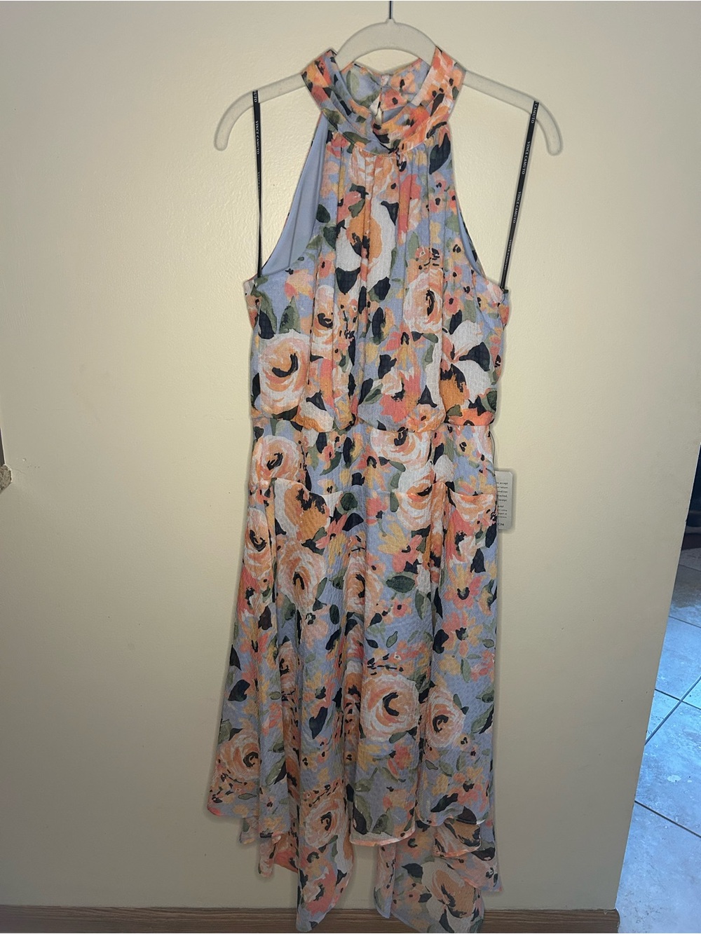 Vince Camuto Floral Halter High-Low Dress in Peach, Blue, and Cream